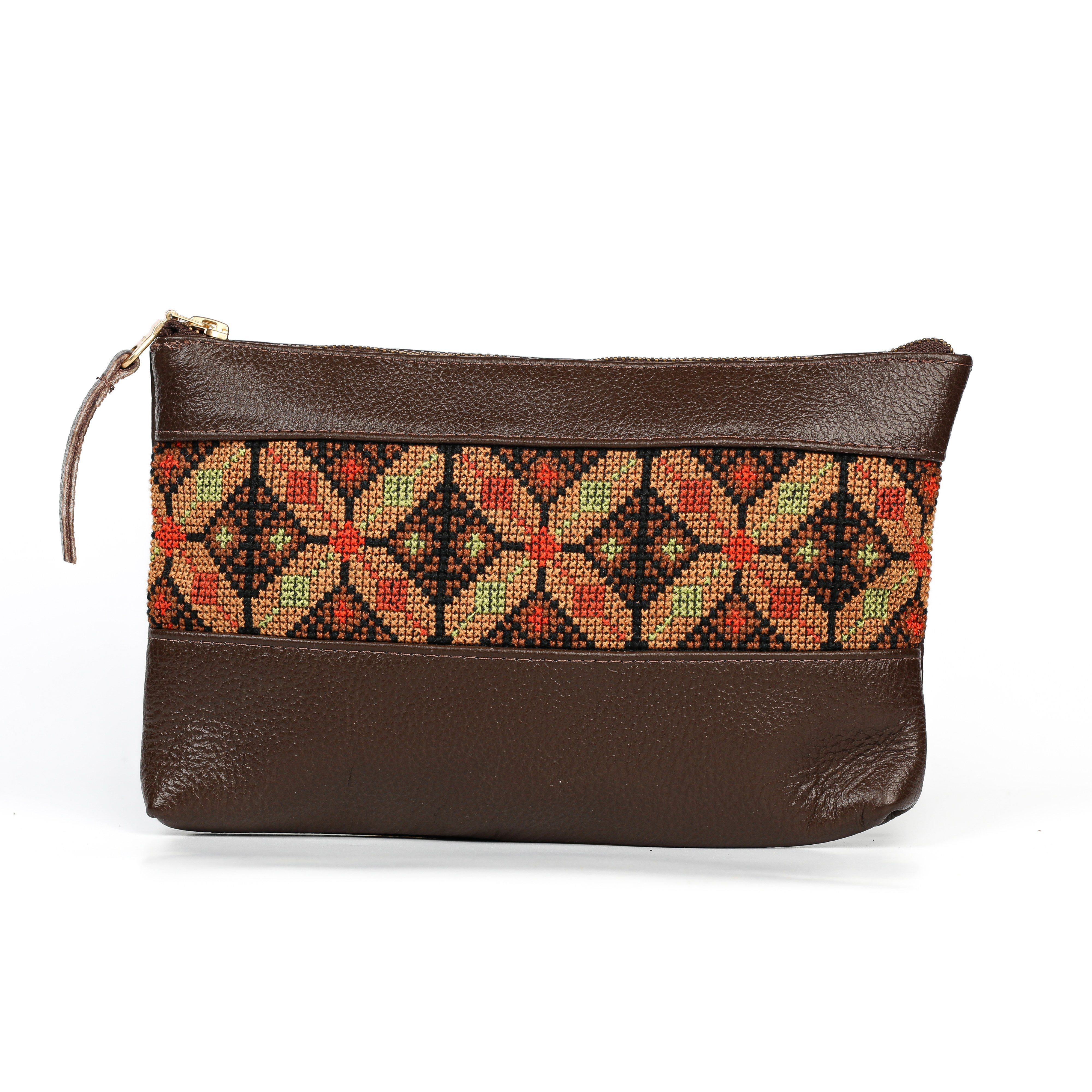 Embroidered Leather Clutch - Brown