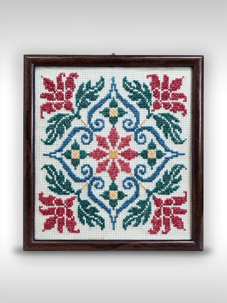 Framed floral medallion Palestinian tatreez cross-stitch